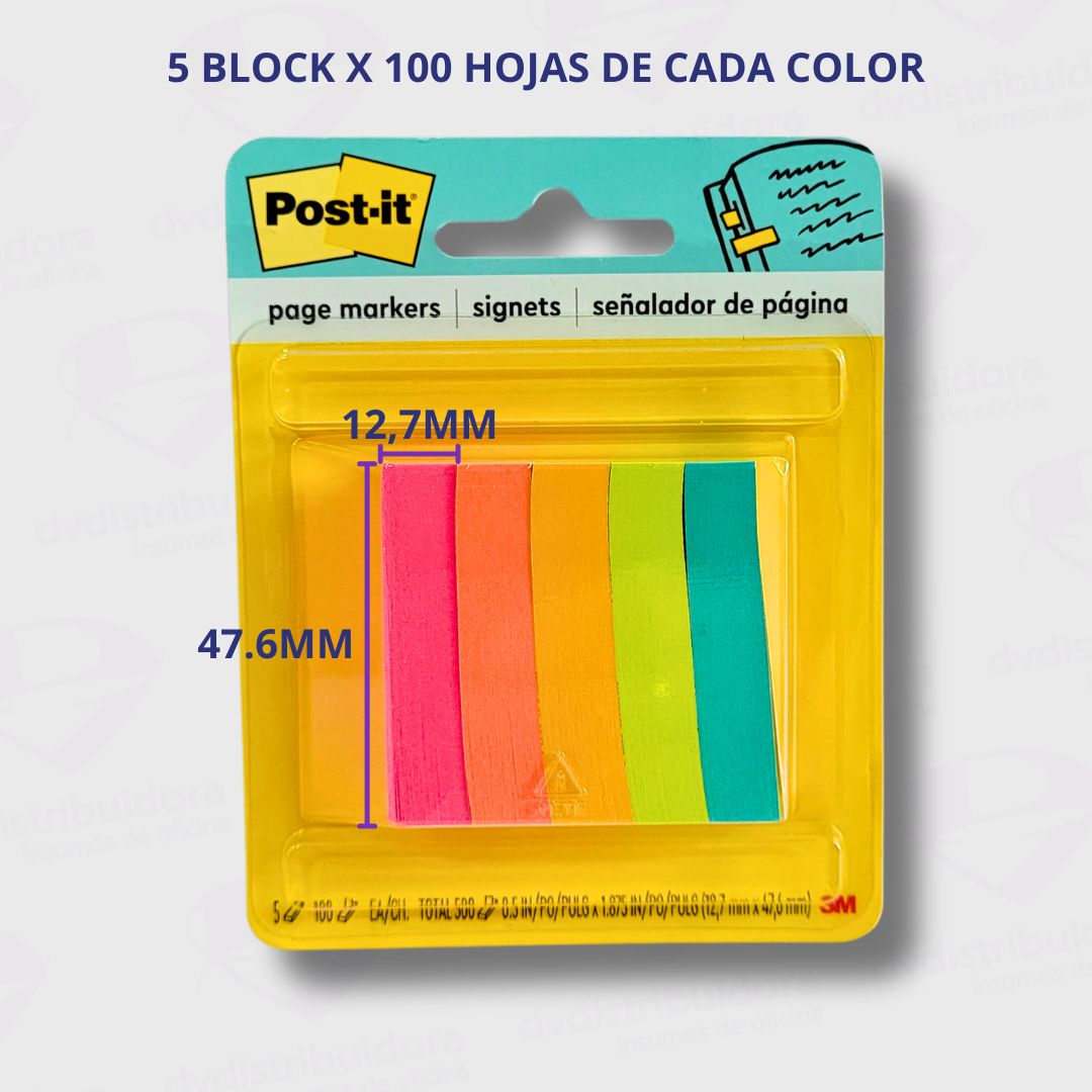 Banderita Marcador De Pagina Autoadhesiva Post-It Fluo - 5 Blocks De 100 Hojas De 12.7MM x 47.6MM - Para Una Organización Superior - Imagen 3