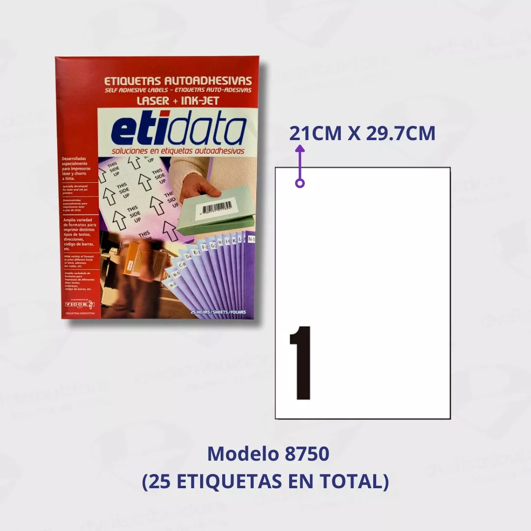 Etiqueta Autoadhesiva A4 Para Impresora Etidata x 25 Hojas 8750 21CM X 29.7CM Etiqueta Autoadhesiva Etidata A4 x 25 Planchas - Ideal para Cajas y Envases - Imagen 1