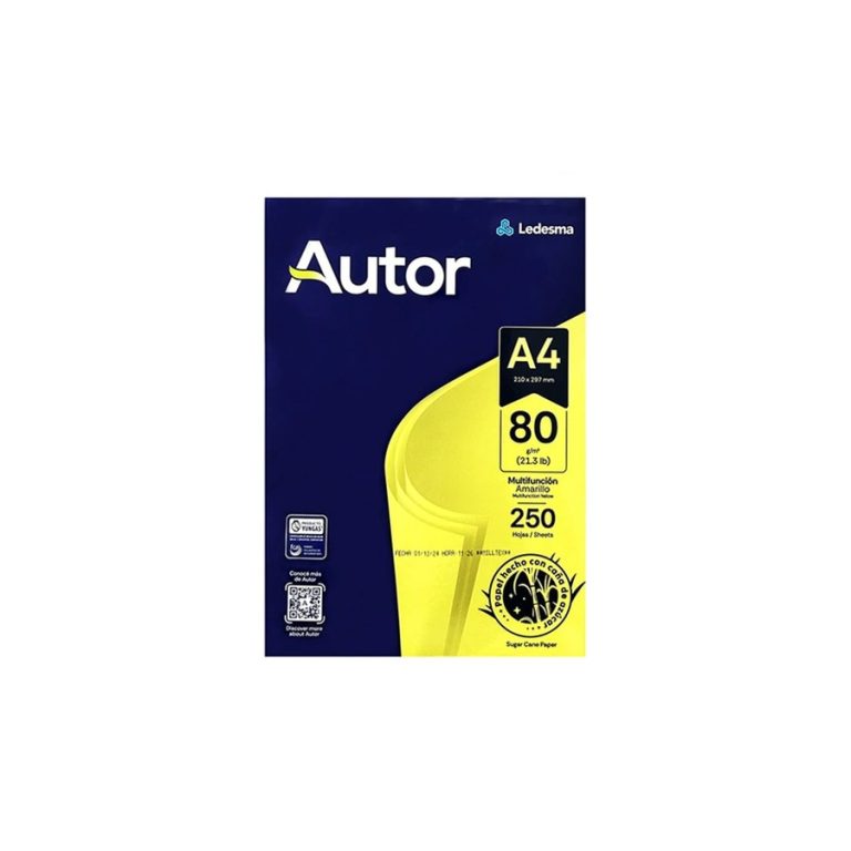 Resma de Papel Color Amarillo Ledesma Autor A4 80g (21 × 29,7 cm) – Pack x 250 Hojas