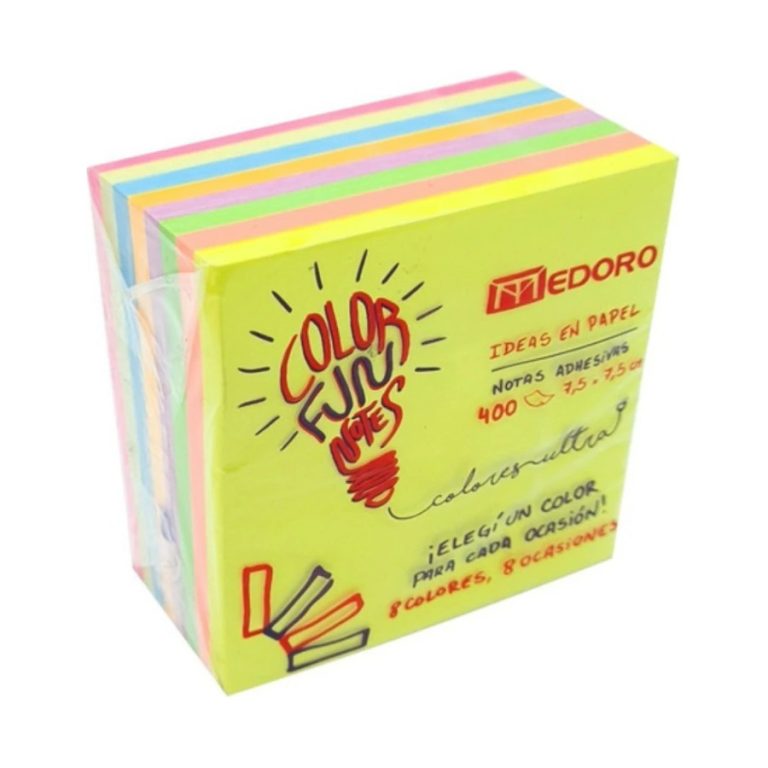 Taco de Notas Autoadhesivas Medoro 75 × 75 mm Colores Fluo Surtidos x 400 Hojas